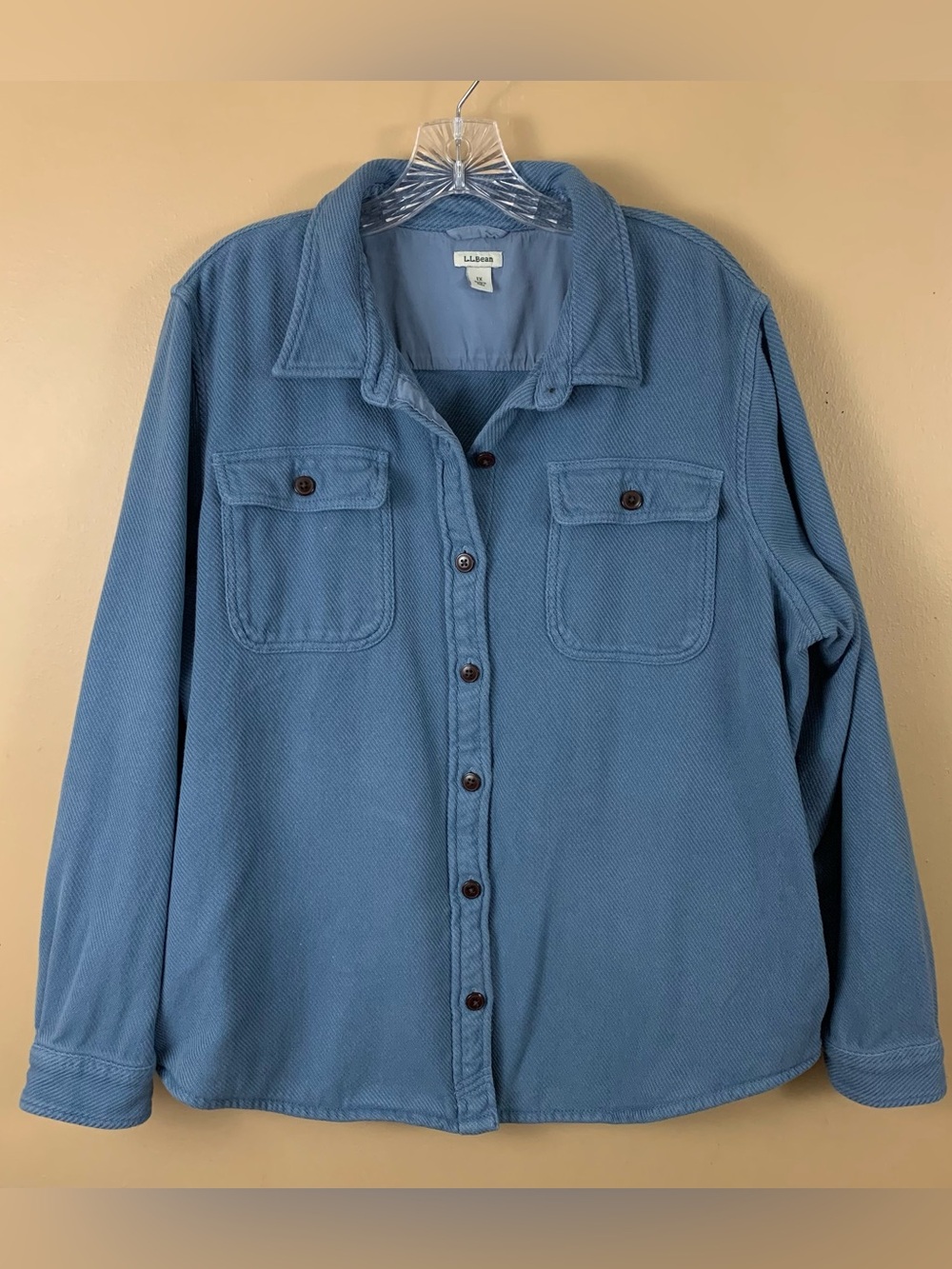 LL Bean Shirt Womens 1X Blue Ribbed Heavy Cotton Button Up Outdoor Pocket Jacket